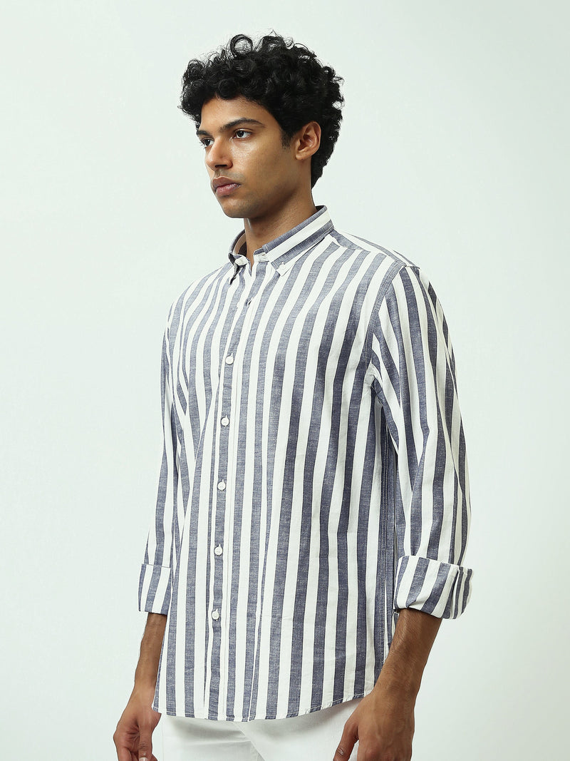 قميص رجالي بخطوط طولية وياقة Button-Down وأكمام طويلة – كاجوال شيك - SHI25SSIR17482TM1