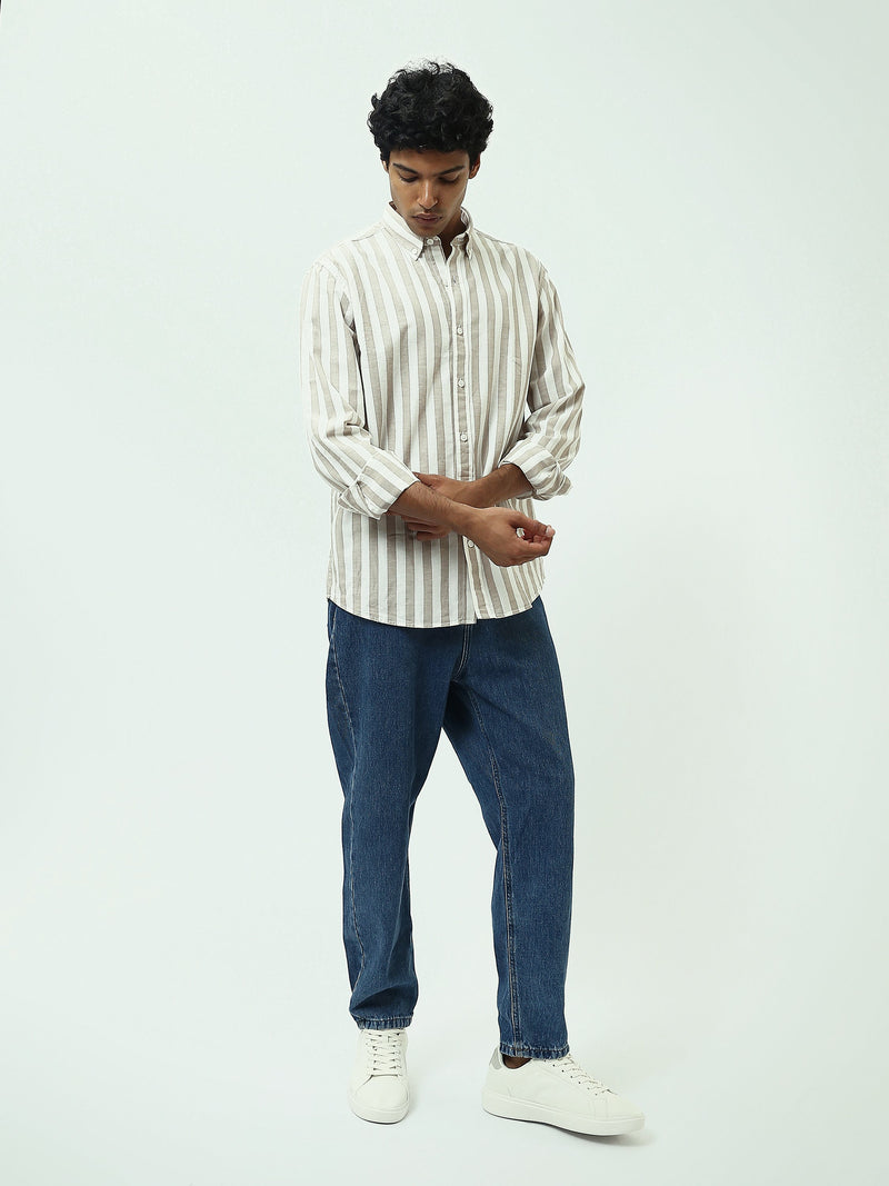 قميص رجالي بخطوط طولية وياقة Button-Down وأكمام طويلة – كاجوال شيك - SHI25SSIR17482TM1