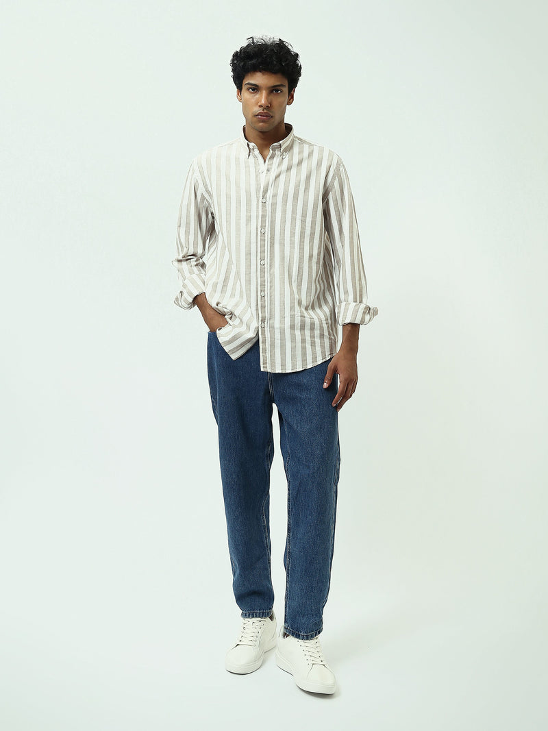 قميص رجالي بخطوط طولية وياقة Button-Down وأكمام طويلة – كاجوال شيك - SHI25SSIR17482TM1