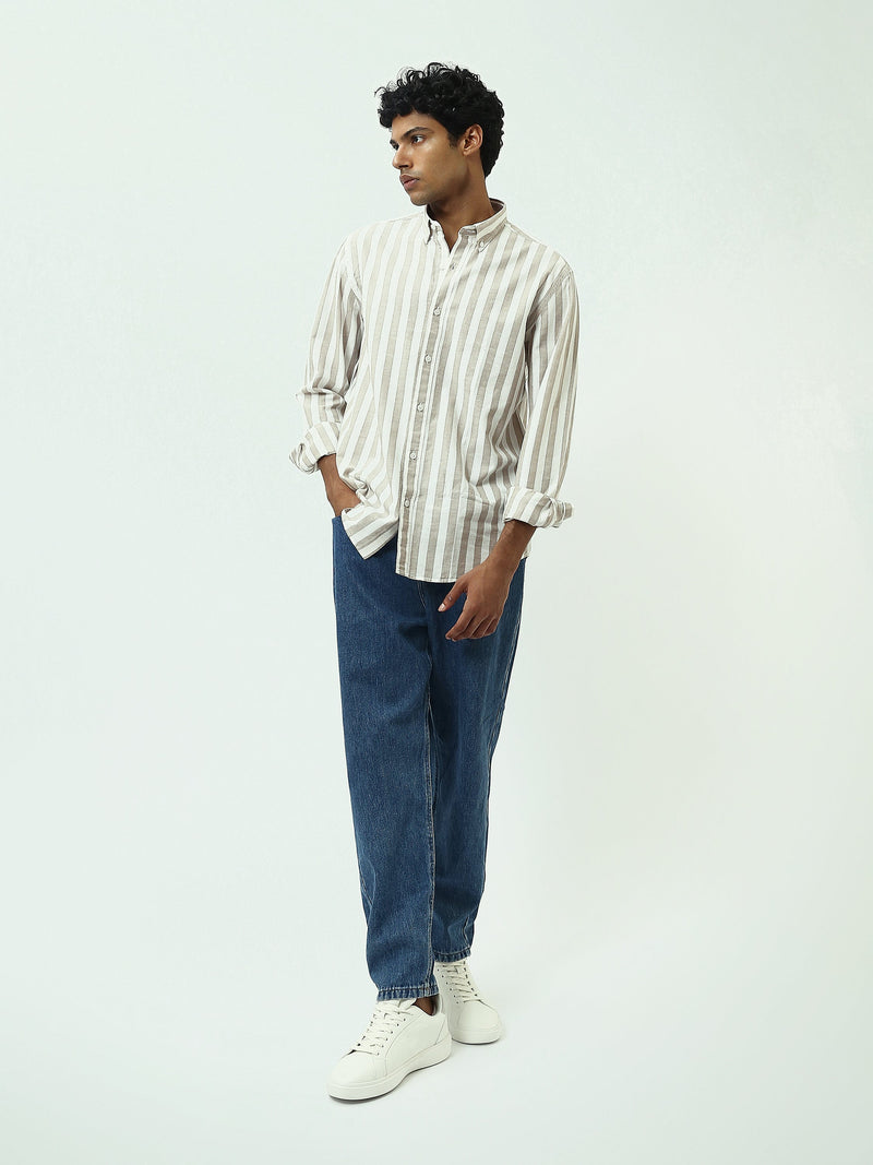قميص رجالي بخطوط طولية وياقة Button-Down وأكمام طويلة – كاجوال شيك - SHI25SSIR17482TM1