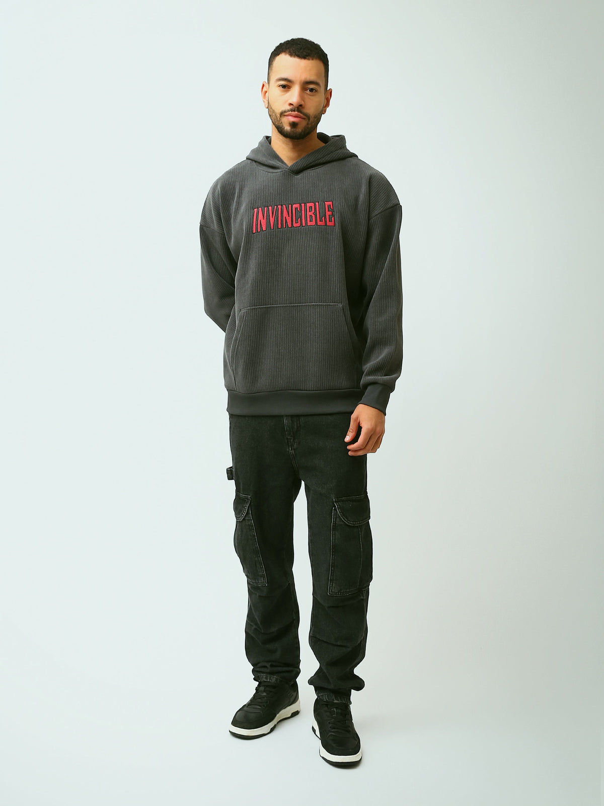 Sweat à Capuche Homme Oversize en Maille Côtelée avec Inscription - SWS26WHEK26421TM1
