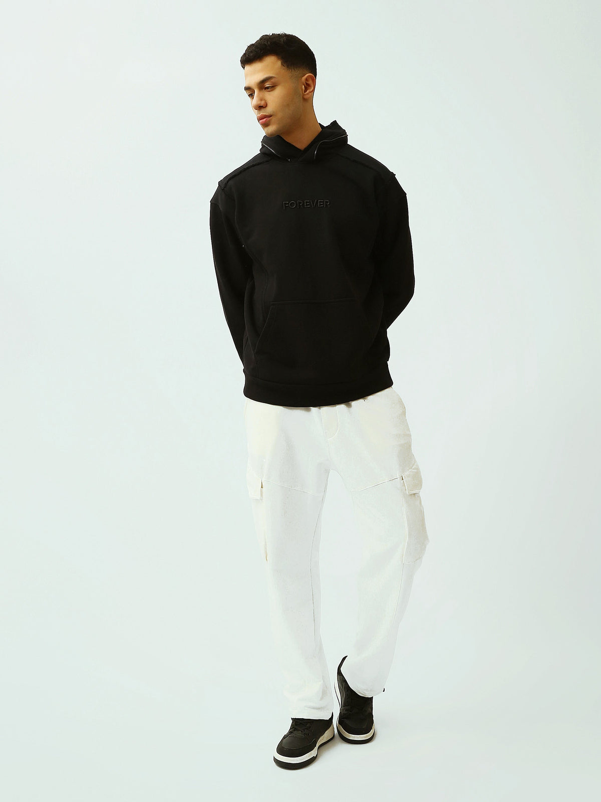 Sweat à Capuche Homme Noir Oversize avec Broderie Forever - SWS26WHNK26461TM1