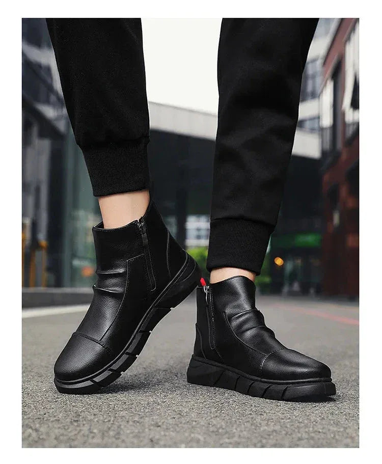 Bottes Homme Noires – Bottines en Cuir Mode, Chaussures à Plateforme et à Fermeture Éclair, Bottes Moto Confortables - Justyol