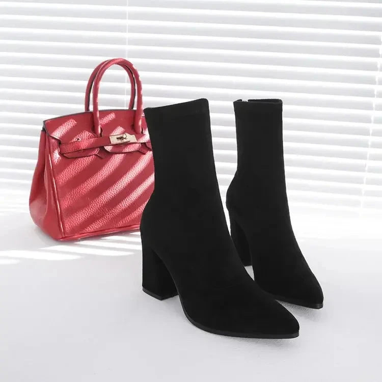 Ankle Chunky High Heel Sock Chelsea Boots Women Autumn Fashion Pointed Frosted Suede Short Boots Female Pumps Sexy Warm Boots MU Group