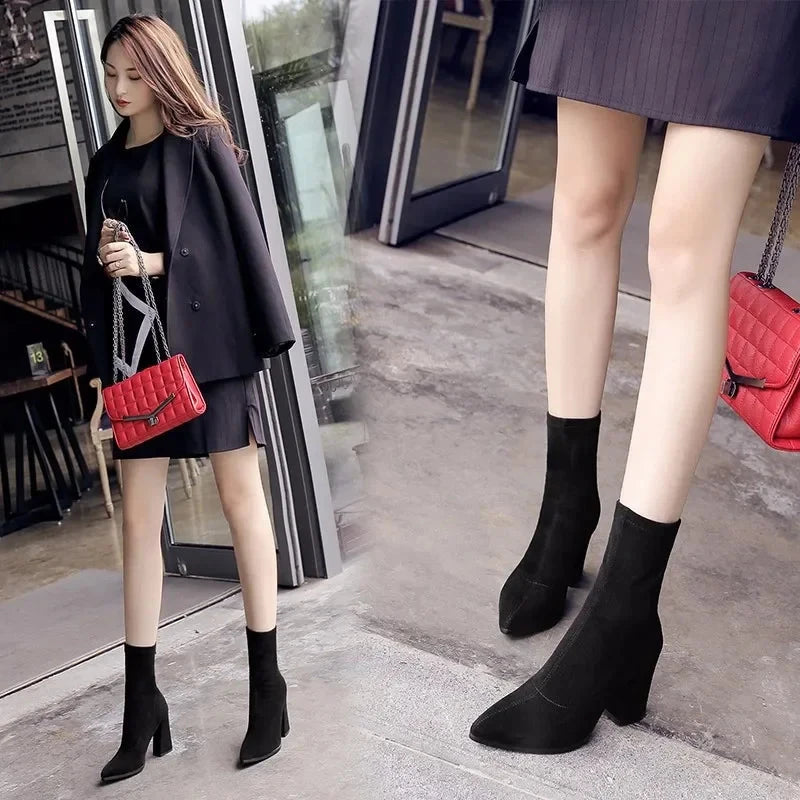 Bottes Chelsea Femme à Talon Haut – Bottines Suède avec Pointe Pointue, Talon Carré et Fermeture Éclair pour l’Automne/Hiver