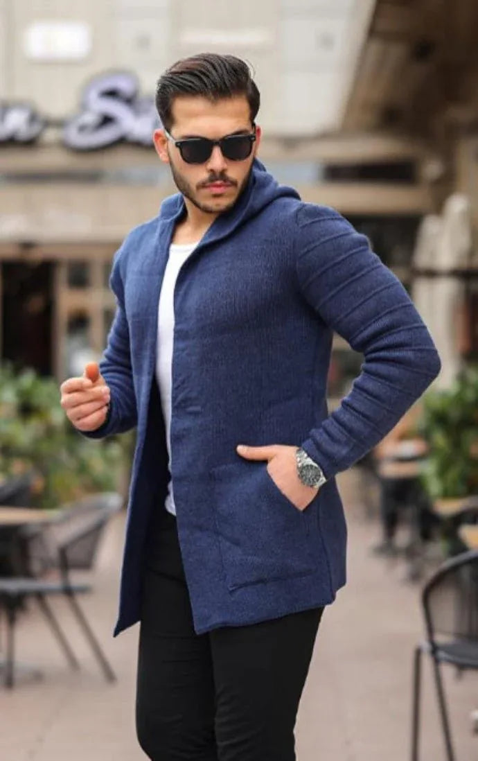 Poncho cardigan homme uni en maille avec capuche - Justyol
