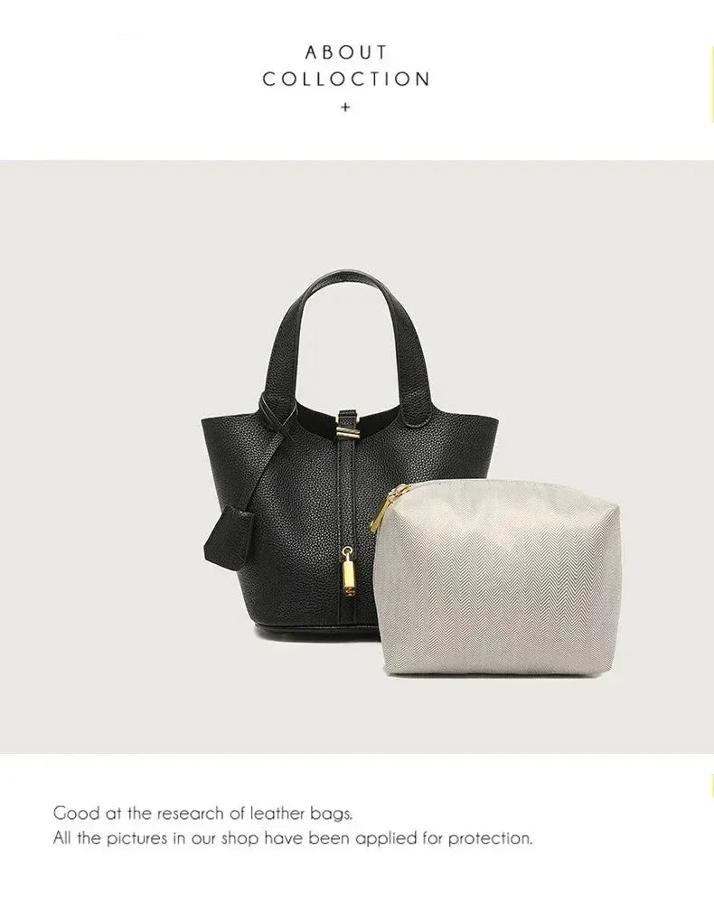 Sac à Main Femme en Forme de Seau – Sac Picotin avec Motif Lychee, Sac à Bandoulière Tendance - Justyol