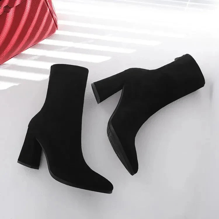 Ankle Chunky High Heel Sock Chelsea Boots Women Autumn Fashion Pointed Frosted Suede Short Boots Female Pumps Sexy Warm Boots MU Group