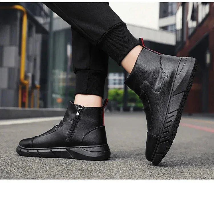Bottes Homme Noires – Bottines en Cuir Mode, Chaussures à Plateforme et à Fermeture Éclair, Bottes Moto Confortables - Justyol