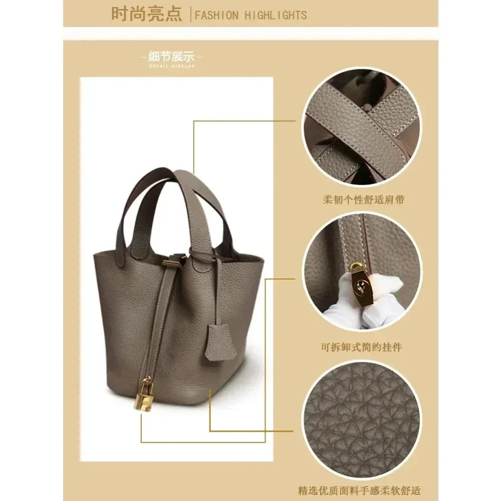 Sac à Main Femme en Forme de Seau – Sac Picotin avec Motif Lychee, Sac à Bandoulière Tendance - Justyol