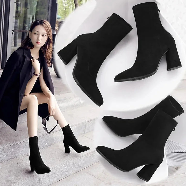 Bottes Chelsea Femme à Talon Haut – Bottines Suède avec Pointe Pointue, Talon Carré et Fermeture Éclair pour l’Automne/Hiver