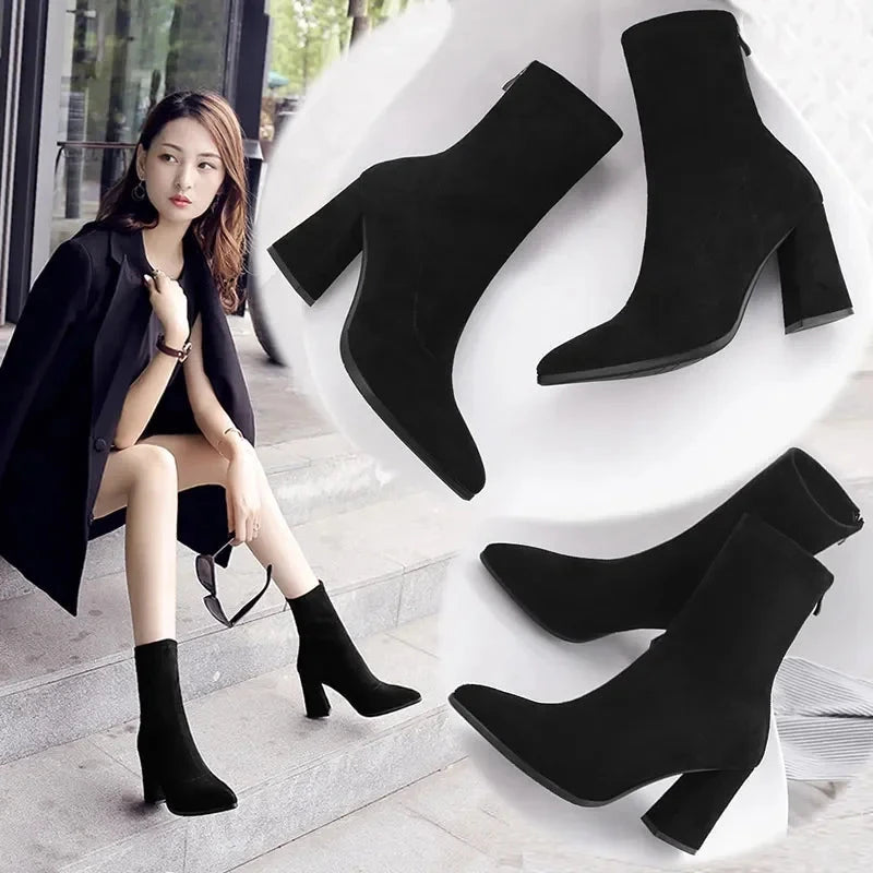Bottes Chelsea Femme à Talon Haut – Bottines Suède avec Pointe Pointue, Talon Carré et Fermeture Éclair pour l’Automne/Hiver