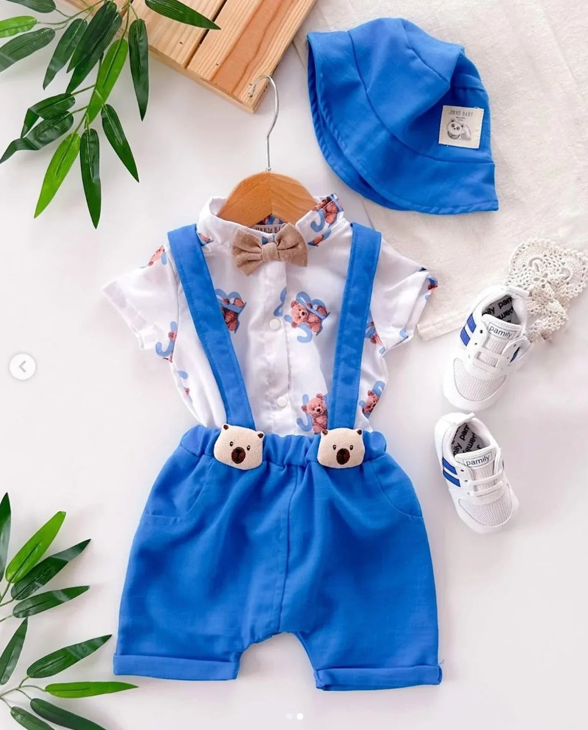 Ensemble Bébé Salopette et Chemise avec Chapeau Motif Ourson - Justyol