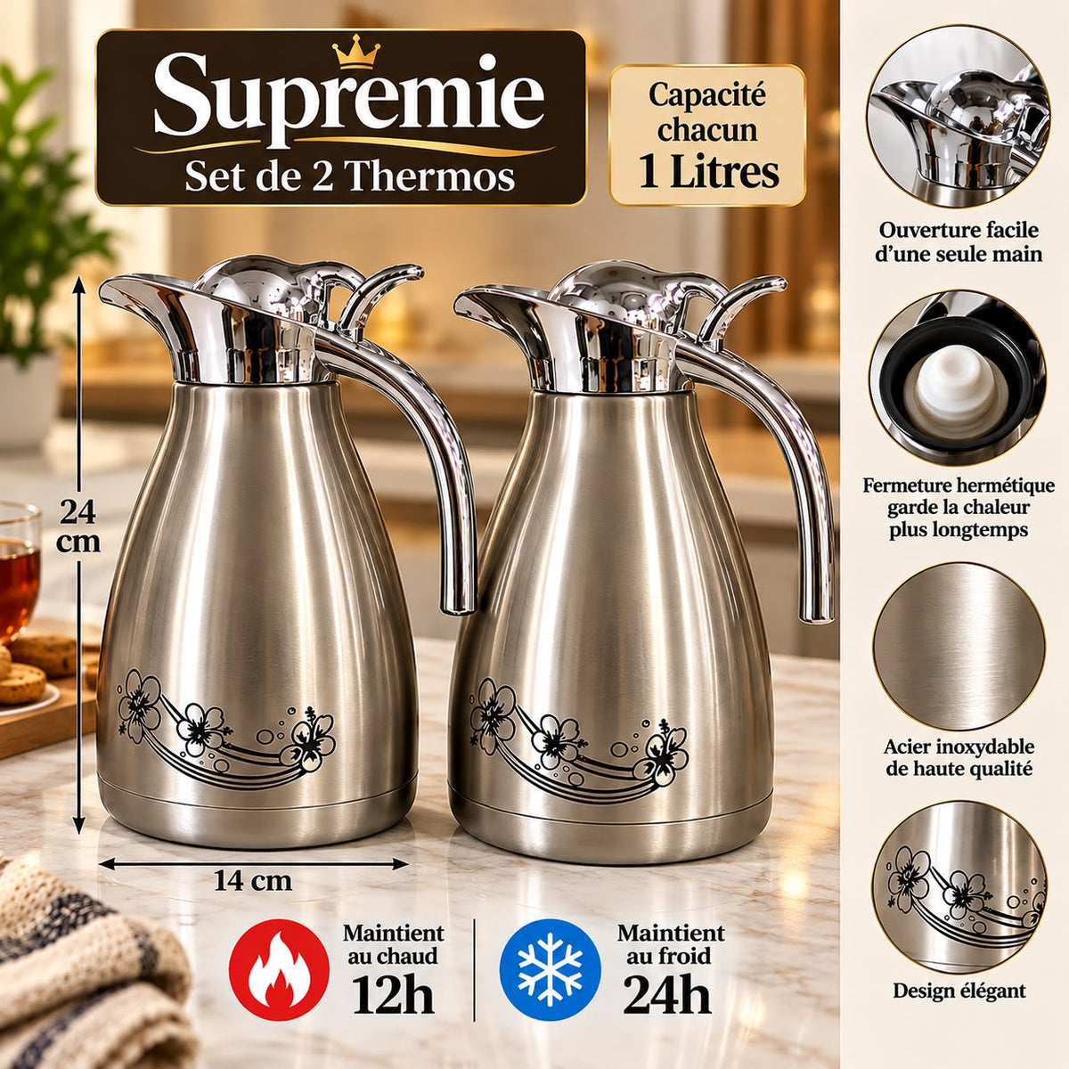 طقم 2 ترمس Supreme من الستانلس ستيل – 1 لتر لكل ترمس