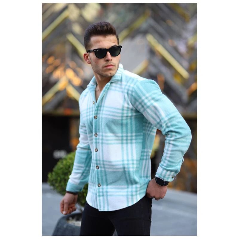 Chemise Oversize Homme en Polaire Rayée Turquoise – Coupe Confortable 25990