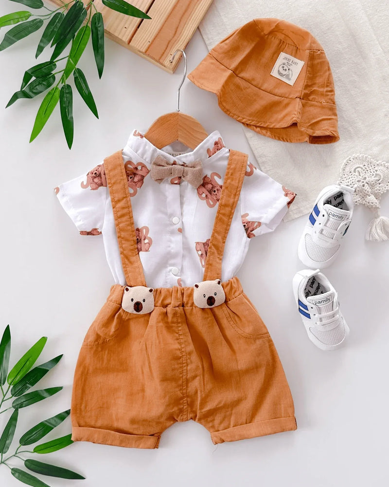 Ensemble Bébé Salopette et Chemise avec Chapeau Motif Ourson