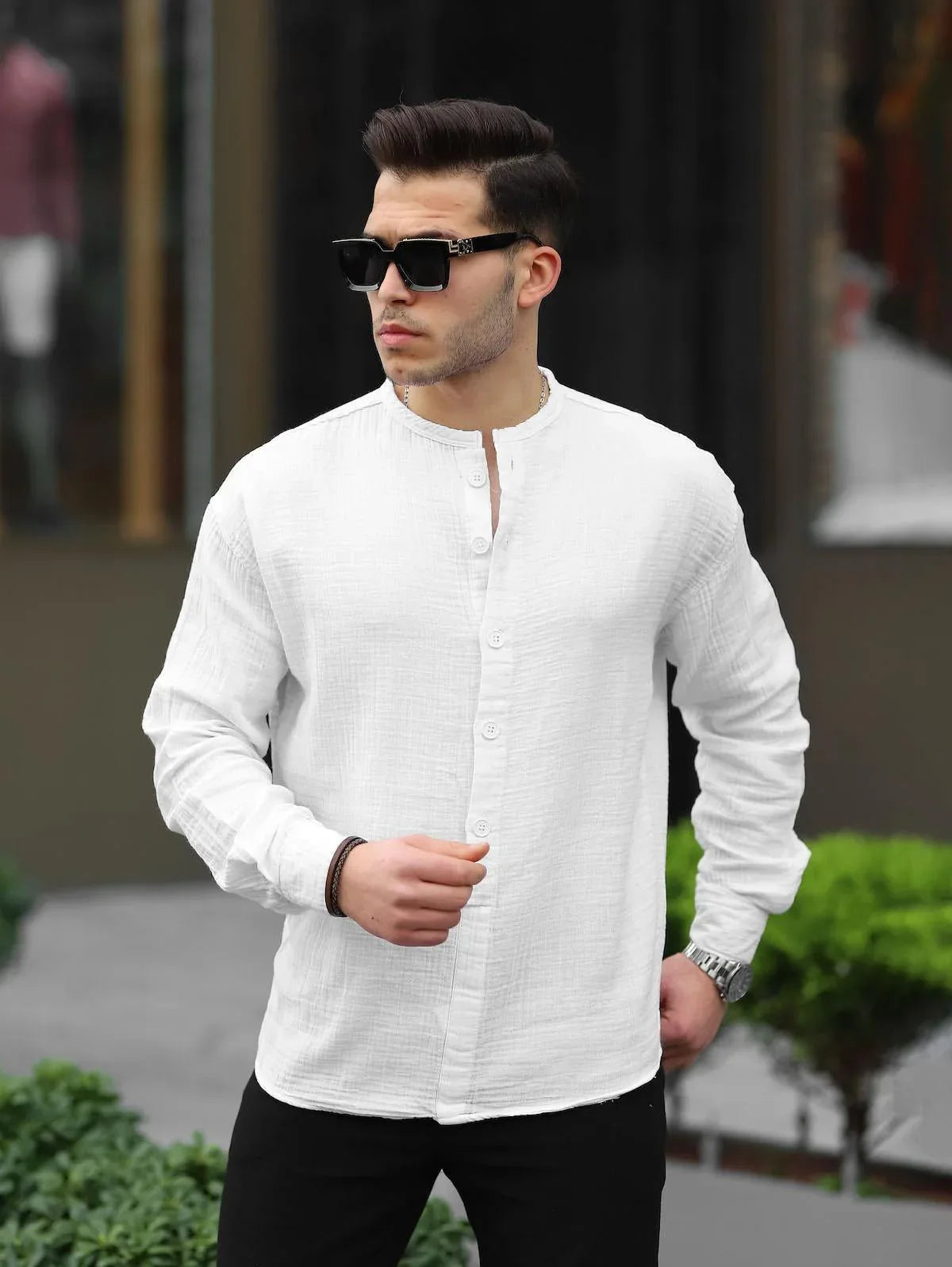 Chemise en muslin oversize à col mandarin à demi-boutonnage - Justyol