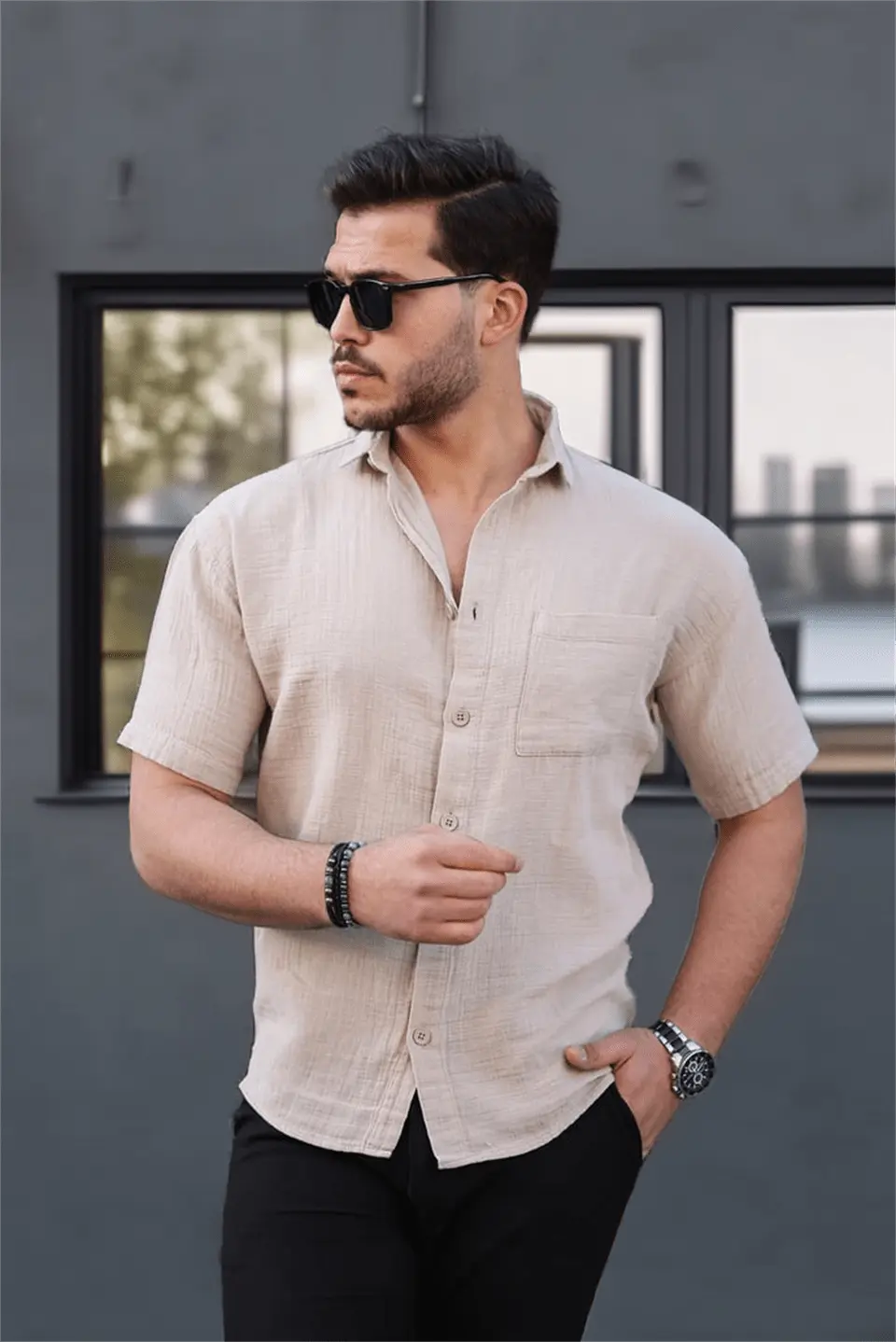 Chemise homme oversize en mousseline coton avec poche