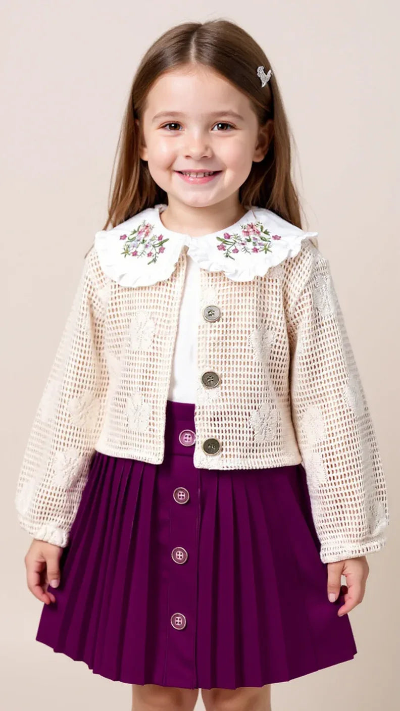 Tenue Élégante 3 Pièces pour Fille - Jupe Chic, Blouse Blanche et Veste Tricotée - Justyol