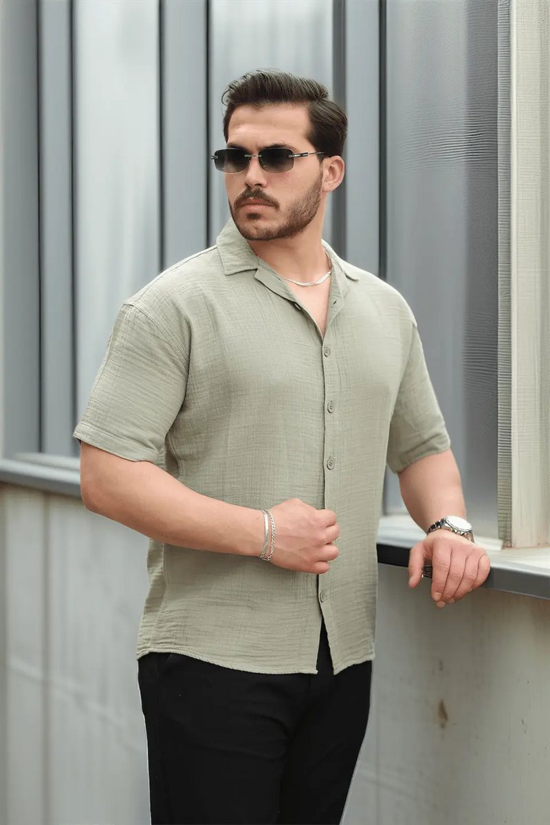 Chemise Homme en Mousseline à Col Cubain Coupe Confort