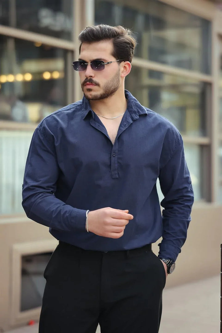 chemise homme col demi‑patte coton long manches