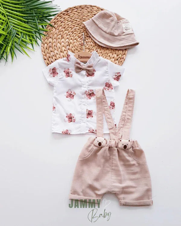 Ensemble Bébé Salopette et Chemise avec Chapeau Motif Ourson