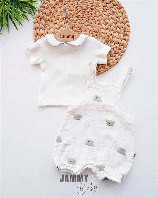 Ensemble Bébé Salopette en Mousseline & Body – Broderie Teddy Bear