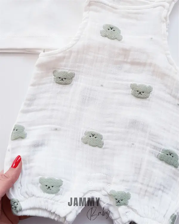 Ensemble Bébé Salopette en Mousseline & Body – Broderie Teddy Bear