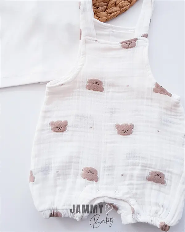 Ensemble Bébé Salopette en Mousseline & Body – Broderie Teddy Bear