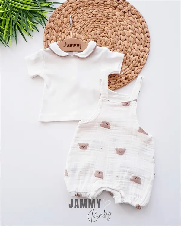 teddy bear embroidered muslin salopet & body set - brown - Justyol