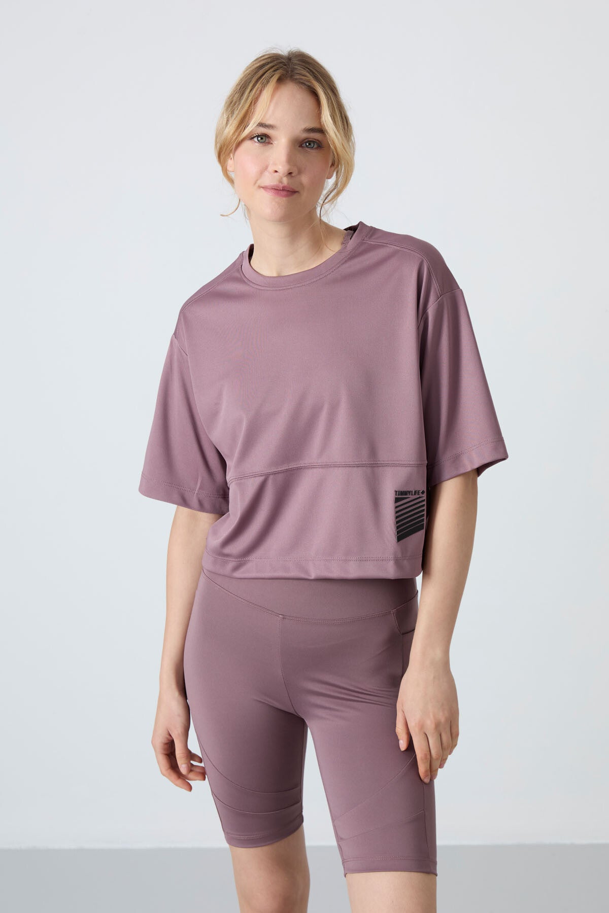 polyester nefes alan dokulu ince esnek oversize fit performans kadin t-shirt - 97284 - Justyol