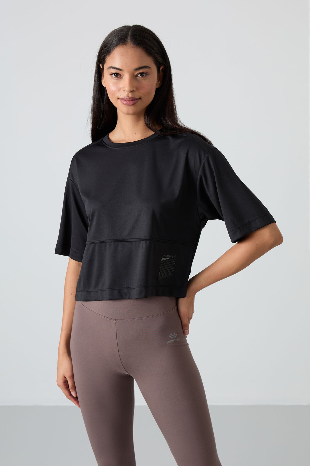 polyester nefes alan dokulu ince esnek oversize fit performans kadin t-shirt - 97284 - Justyol