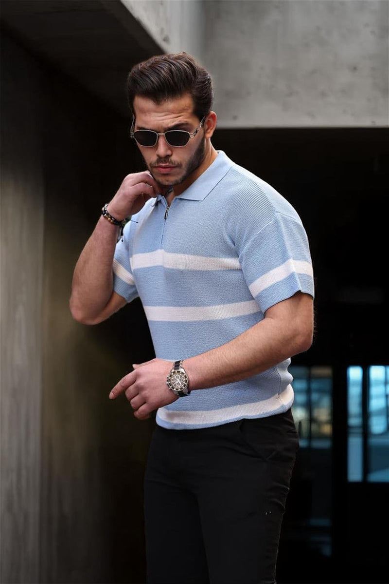 Polo Homme en Maille Oversize à Demi-Zip et Rayures Modernes