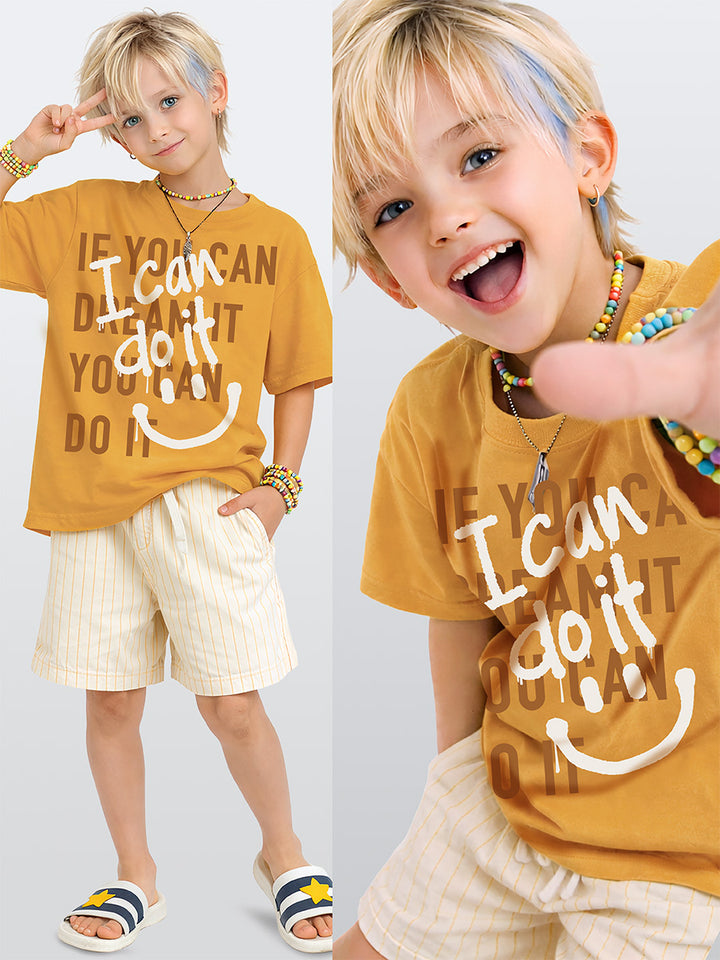Ensemble garçon 2 pièces t-shirt imprimé graffiti et short rayé – Confort et style urbain
