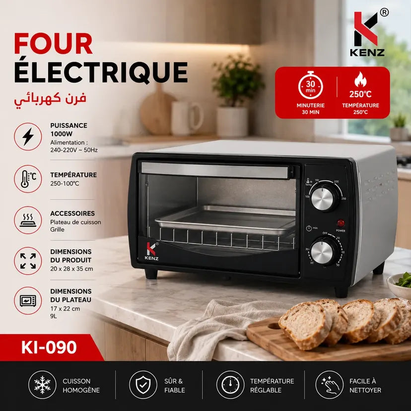 فرن كهربائي KENZ KI-090 سعة 9 لتر بقوة 1000 واط ومؤقت