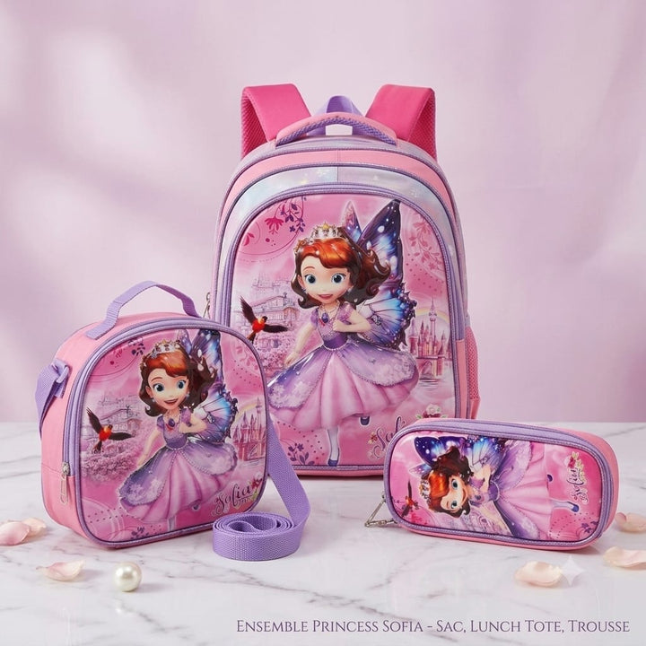 cartable à Dos Scolaire 3D Ensemble 3 pièces princesse féerique Sofia pour fille-qualité superieure – Sac à dos, sac à bandoulière et trousse de 6ans à 12ans primaire 40CM/30CM