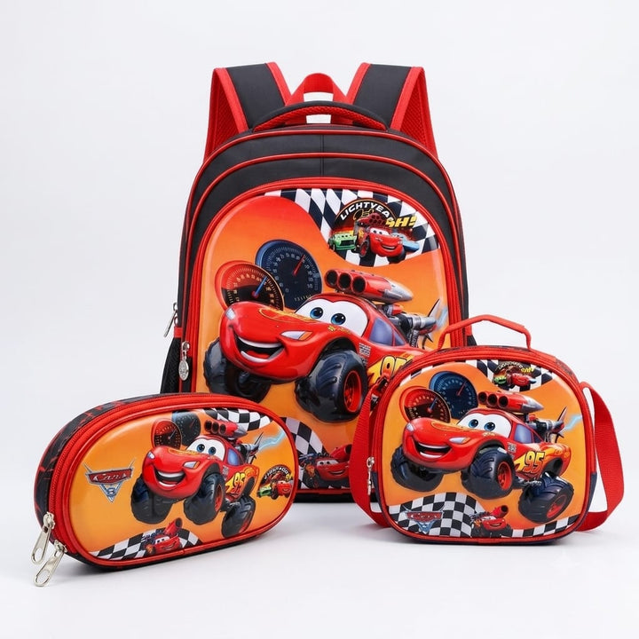 cartable à Dos Scolaire 3D Ensemble 3 pièces cars pour garçon-qualité superieure – Sac à dos, sac à bandoulière et trousse de 6ans à 12ans primaire 40CM/30CM
