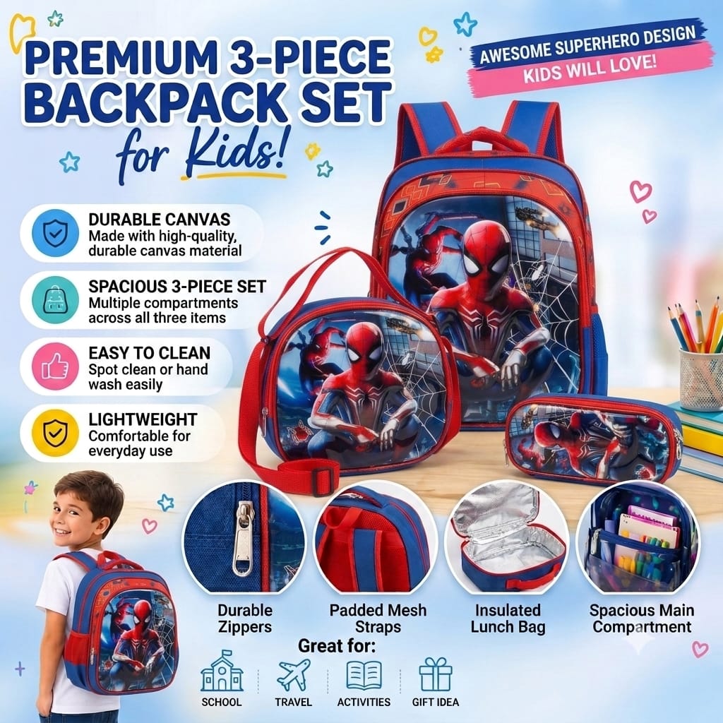 طقم حقيبة مدرسية أولاد Spiderman ثلاثية الأبعاد 3 قطع – من 6 إلى 12 سنة