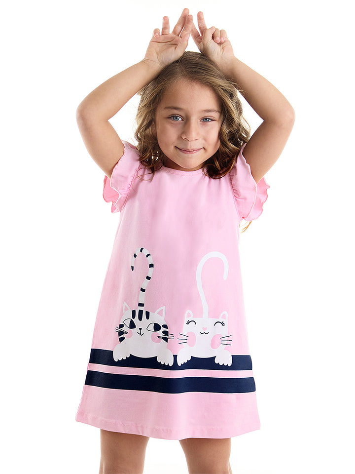 Robe Fille en Coton avec Motif Chats & Manches Volantées