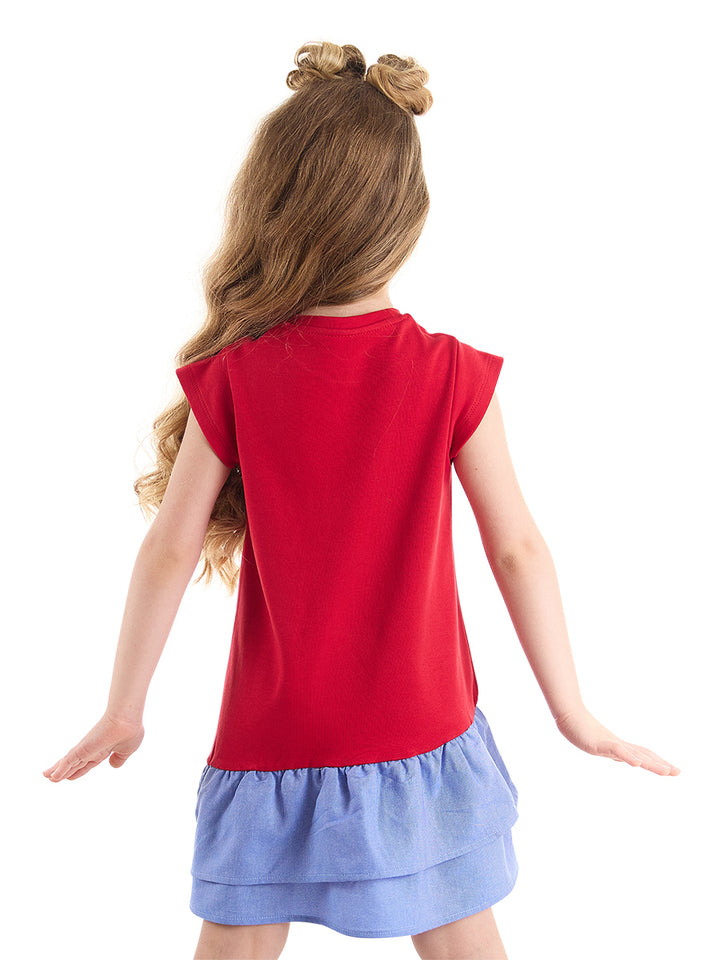 Robe Fille en Coton avec Motif Chat & Volants Effet Denim