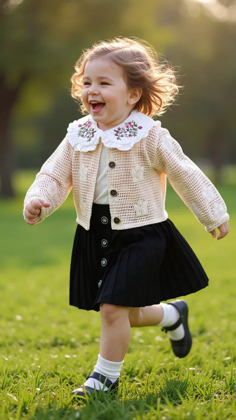 Tenue Élégante 3 Pièces pour Fille - Jupe Chic, Blouse Blanche et Veste Tricotée - Justyol