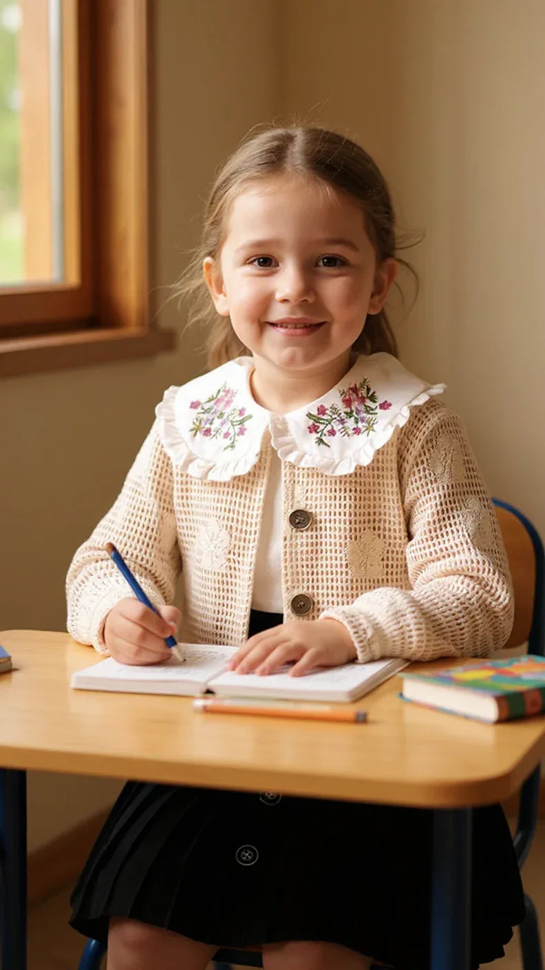 Tenue Élégante 3 Pièces pour Fille - Jupe Chic, Blouse Blanche et Veste Tricotée - Justyol