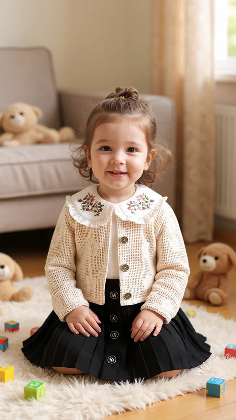 Tenue Élégante 3 Pièces pour Fille - Jupe Chic, Blouse Blanche et Veste Tricotée - Justyol