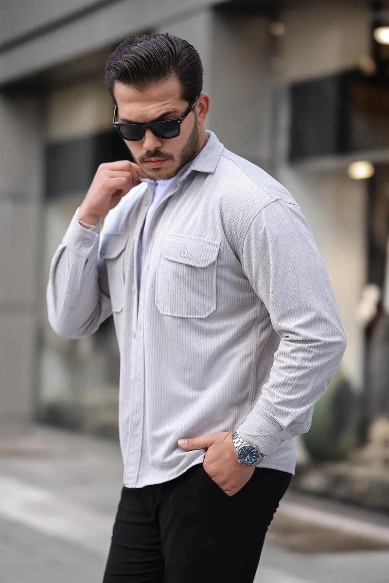 Chemise Homme en Velours Côtelé avec Poches Doubles et Détails de Garnissage