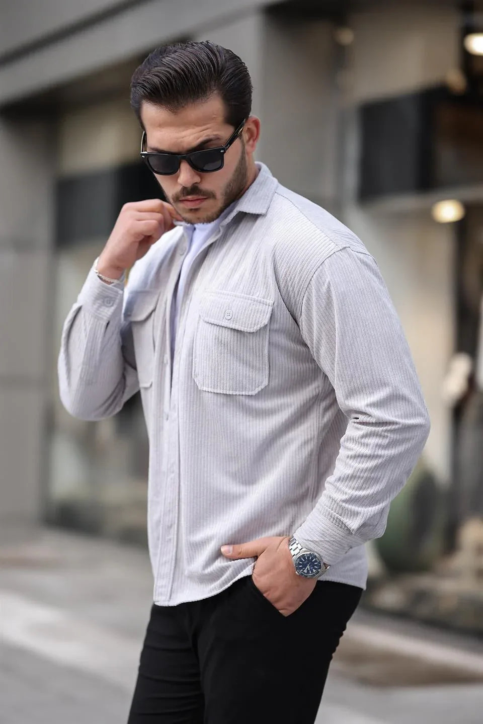 Chemise Homme en Velours Côtelé avec Poches Doubles et Détails de Garnissage - Justyol