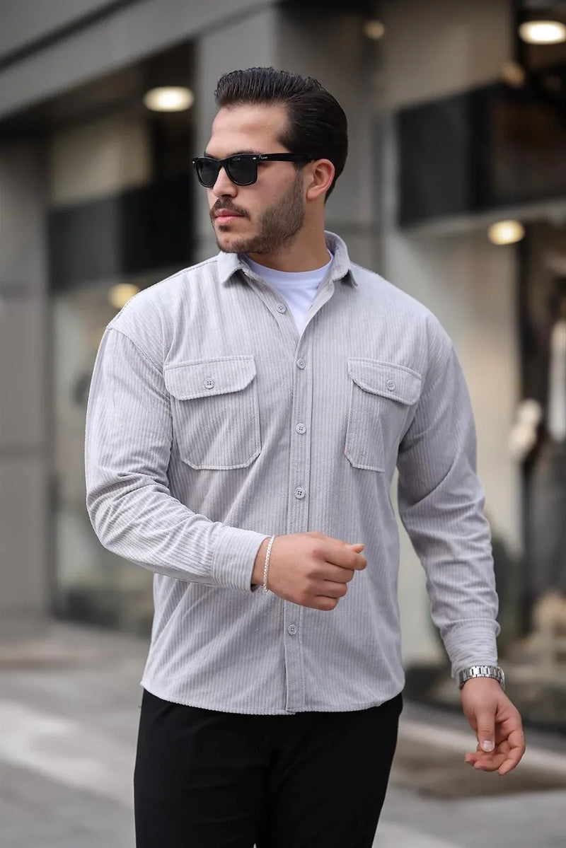 Chemise Homme en Velours Côtelé avec Poches Doubles et Détails de Garnissage