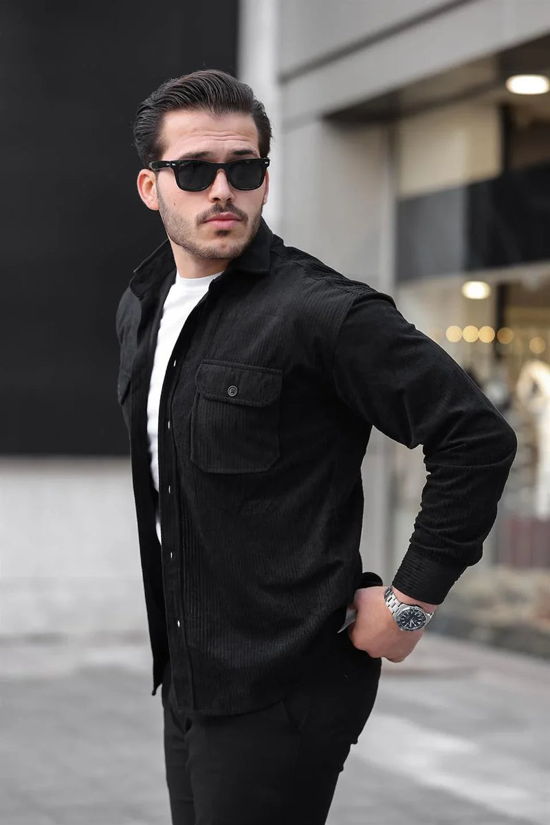 Chemise Homme en Velours Côtelé avec Poches Doubles et Détails de Garnissage
