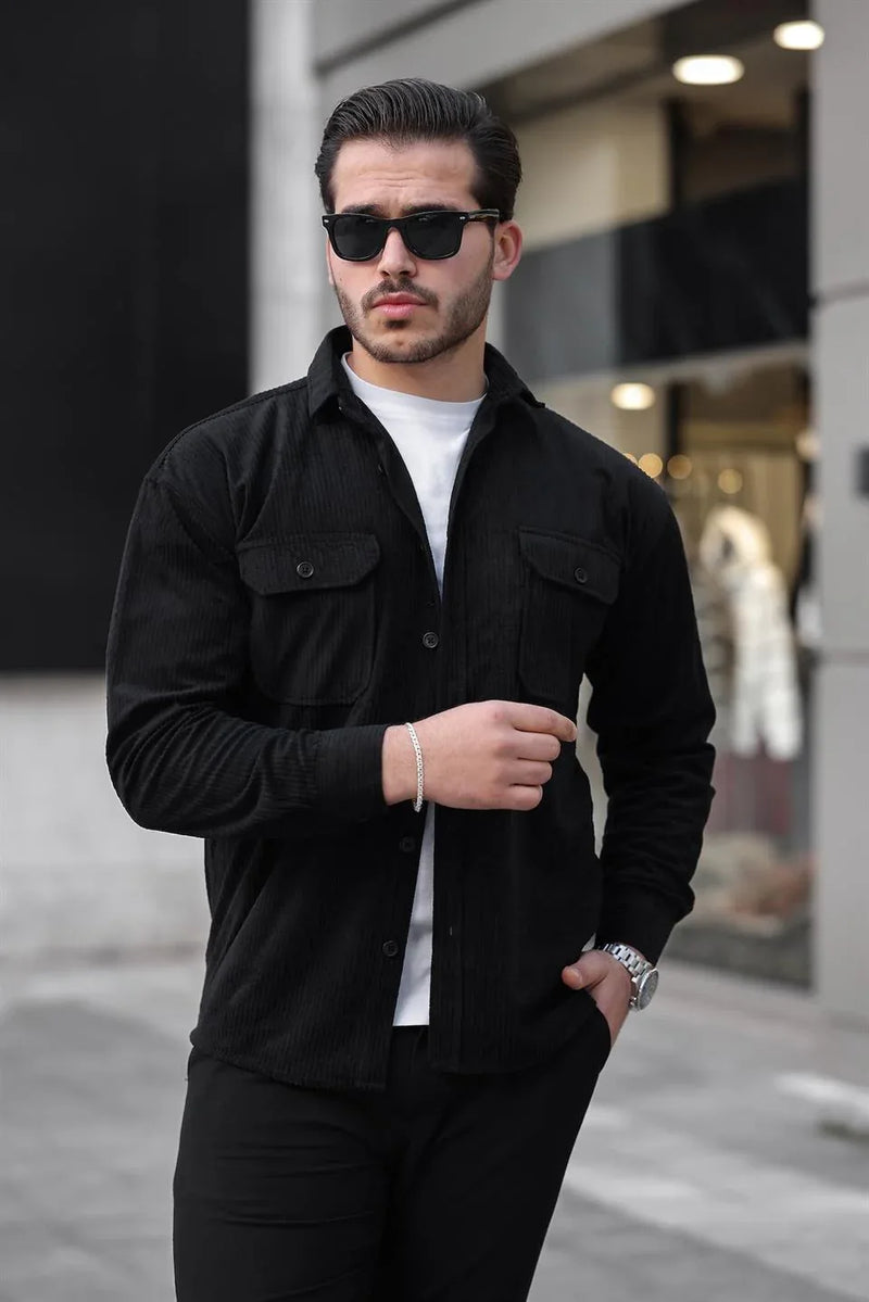 Chemise Homme en Velours Côtelé avec Poches Doubles et Détails de Garnissage