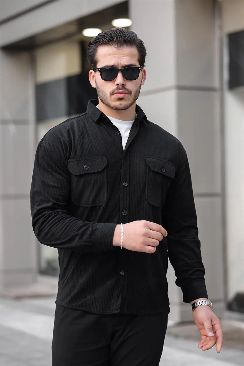 Chemise Homme en Velours Côtelé avec Poches Doubles et Détails de Garnissage