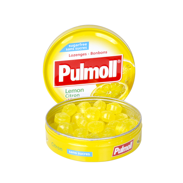 حلوى استحلاب PULMOLL بالليمون وفيتامين C بدون سكر لانتعاش الحلق – 45 غرام